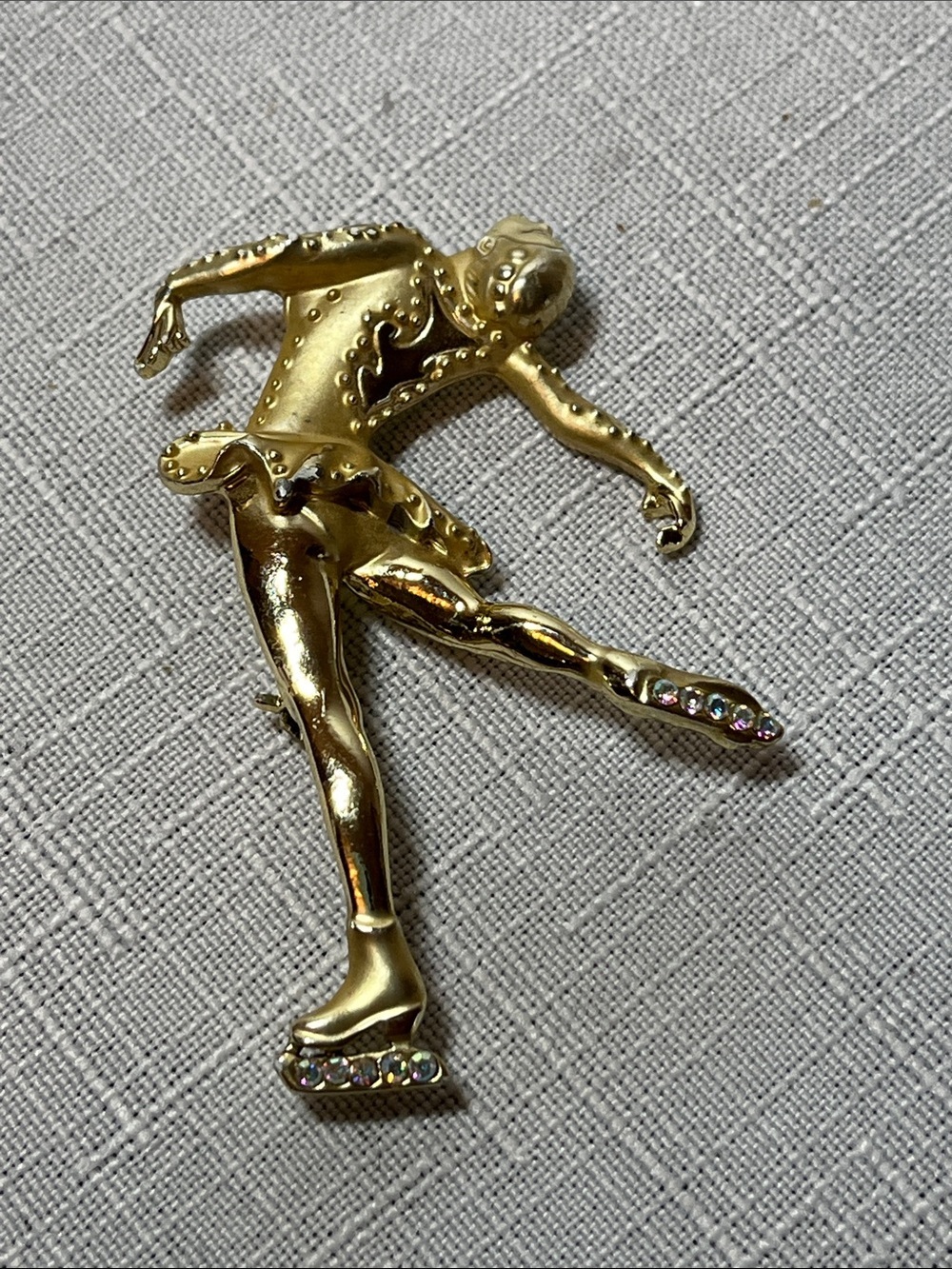 Vintage Gold-tone Figure Skater Brooch with Rhinestone Accents